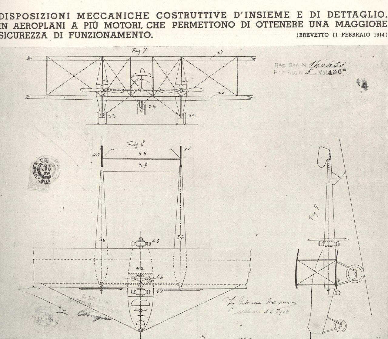 Gianni Caproni. Brevetto dell'aereo bombardiere bimotore. 11 febbraio 1914 [Achivio fotografico Gianni Caproni, Museo dell'Aereonautica (Trento)]