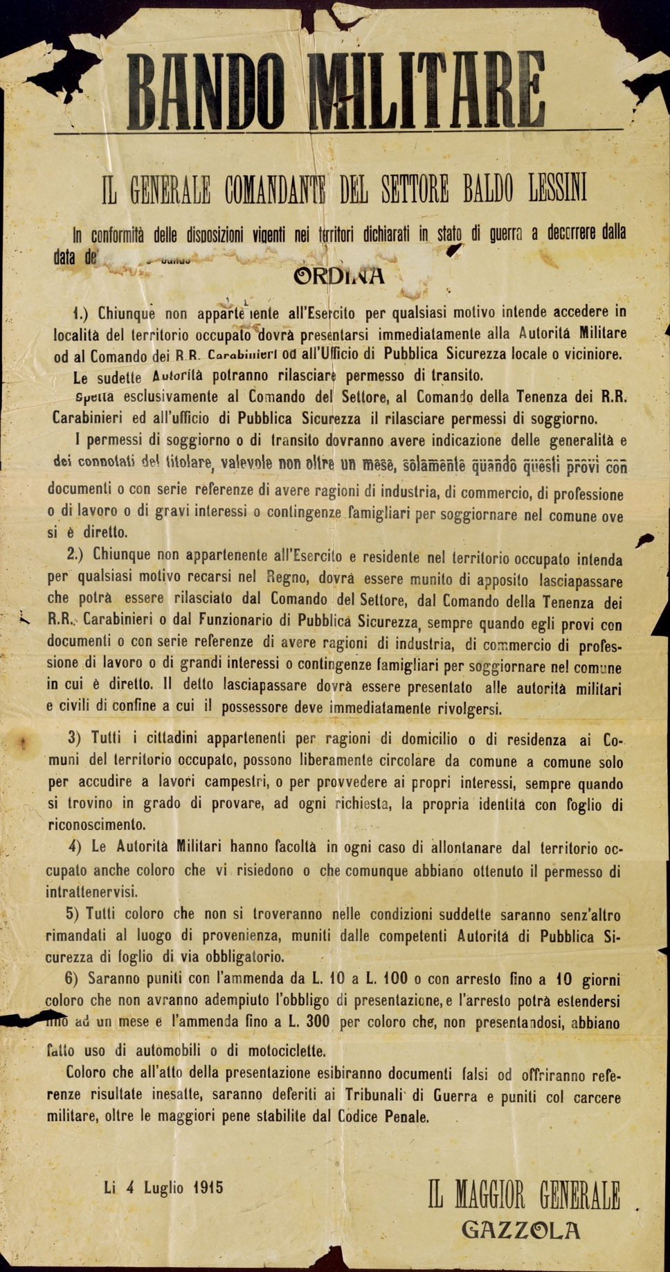 Bando militare italiano relativo al movimento di civili da e per i territori occupati. 4 luglio 1915 [AF MSIGR Fondo manifesti 80]